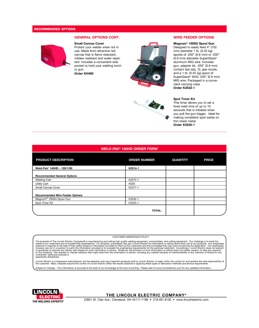 Lincoln Electric K2514-1 Wire Feeder options, Small Canvas Cover, Order KH495, Order K2532-1 Spot Timer Kit, Order K2525-1 